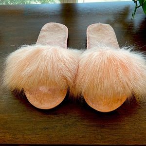 Fuzzy pink faux fur slippers
